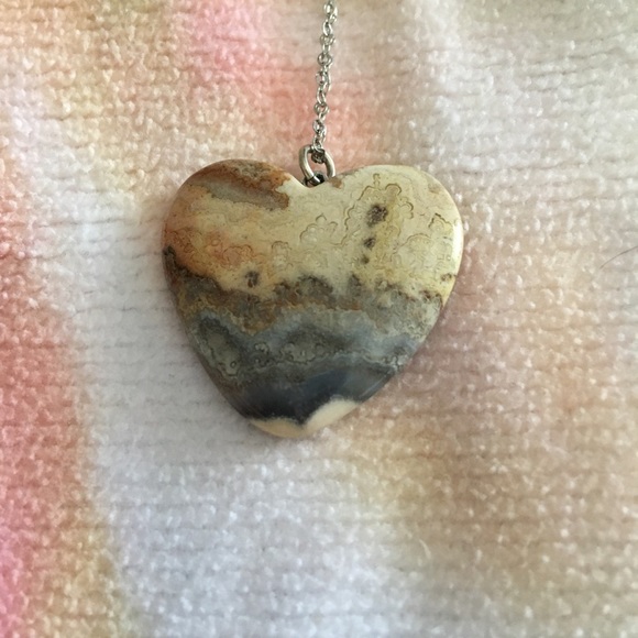 Picture Agate Gem Heart Silver Chain Necklace - Picture 2 of 6